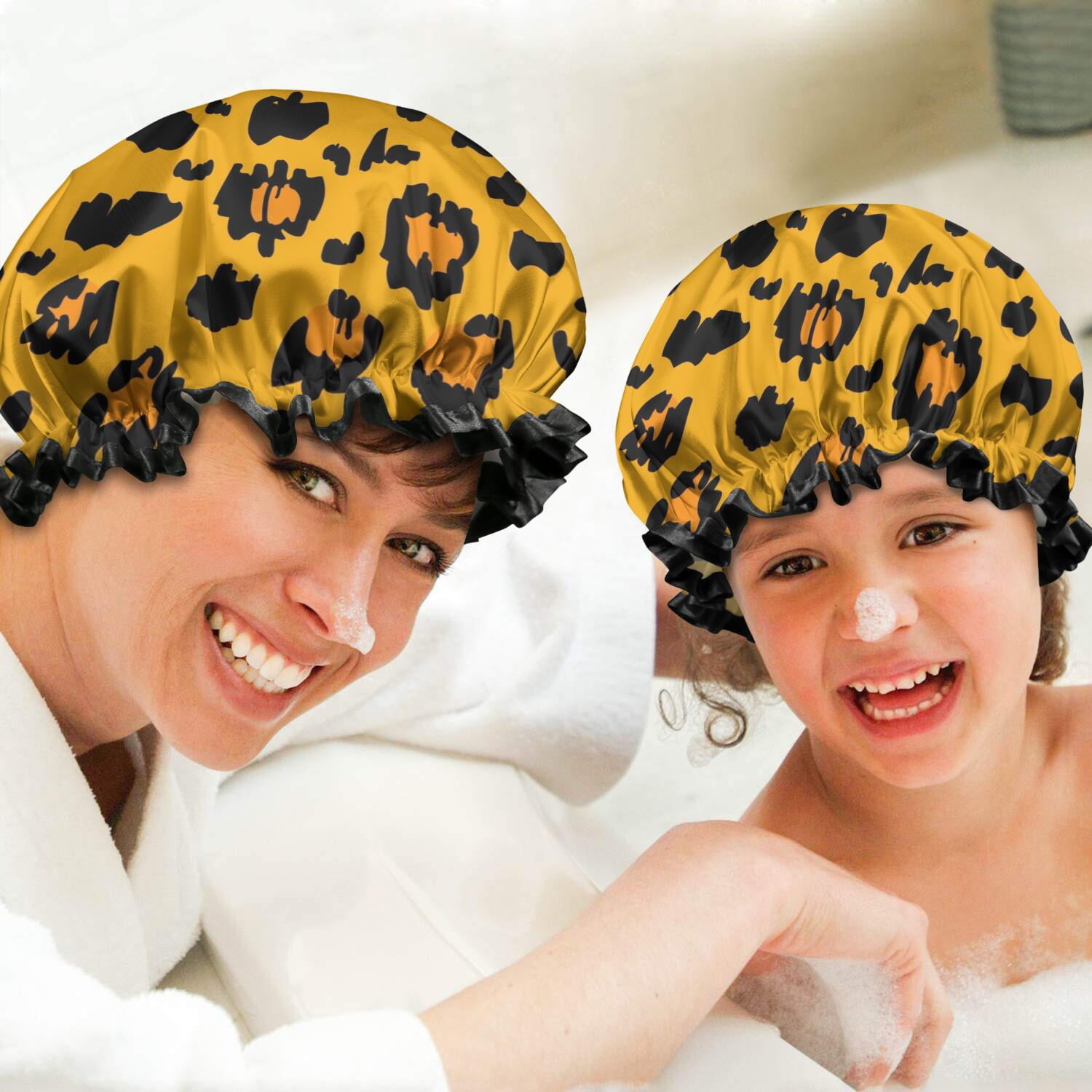 Shower Caps,Yellow and Black Of Leopard Print Waterproof Shower Cap for Women 4 Pieces,Double Reusable Hair Cover for Shower PEVA Elastic Stretch Hem