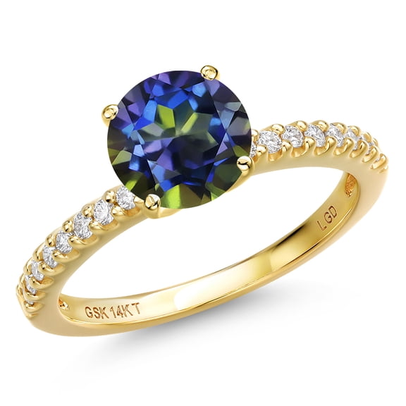 Gem Stone King 14K Yellow Gold Blue Mystic Topaz and Lab Grown Diamond Engagement Ring for Women | 2.16 Cttw | Round 8MM | Gemstone November Birthstone | Size 9