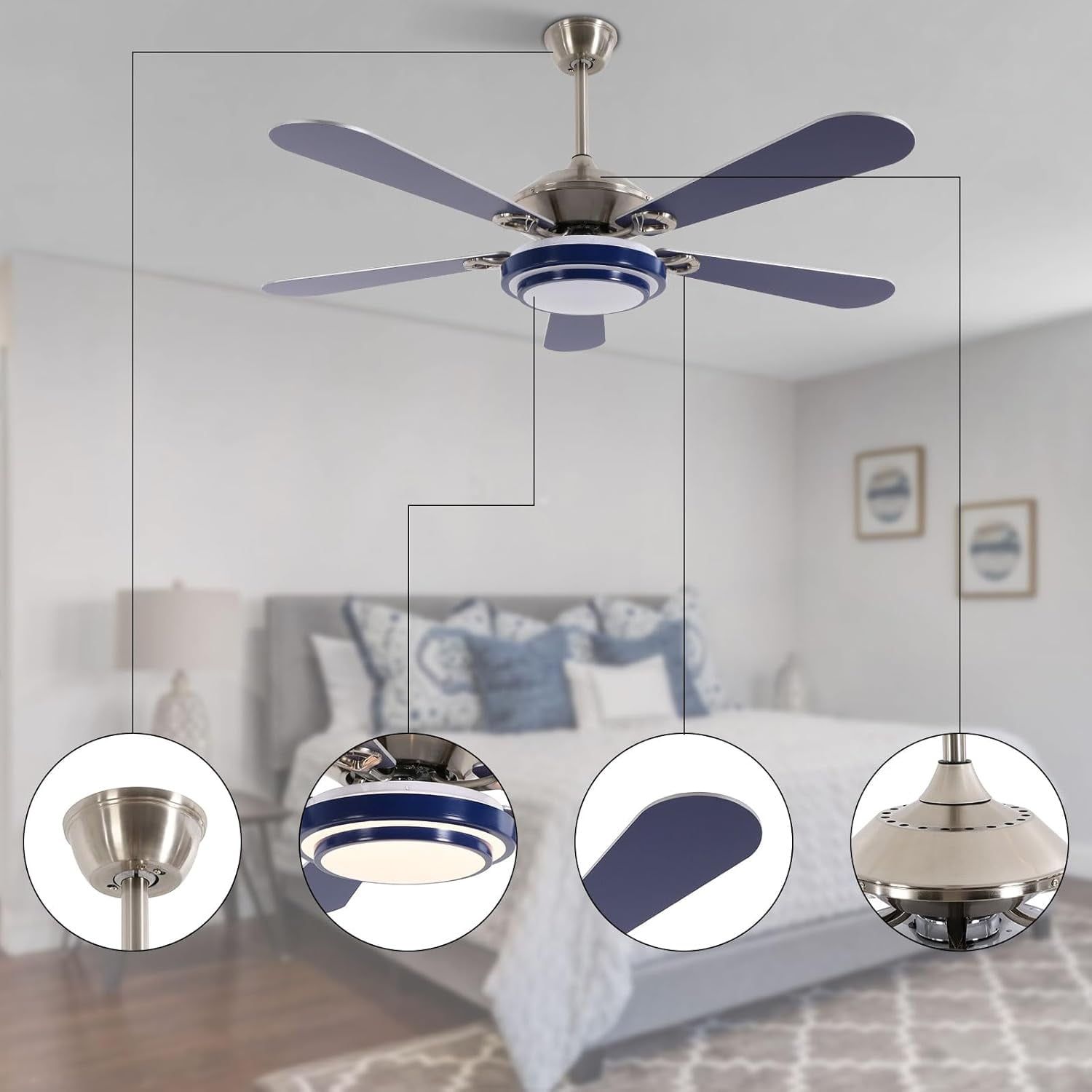 52" Ceiling Fans with Lights, Flush Mount Ceiling Fan Light with Remote Control, Reversible, Quiet, 6 Wind Speeds, Timing Function, for Bedroom Indoor Use, Blue