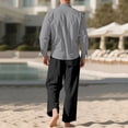thumbnail image 4 of QSAWXQZ Men's Breathable Cotton Linen 2 Piece Outfit Set with Long Sleeve Button Mock Neck Shirt and Drawstring Elastic Waist Wide Leg Pants Lightweight Suit for Summer S, 4 of 4