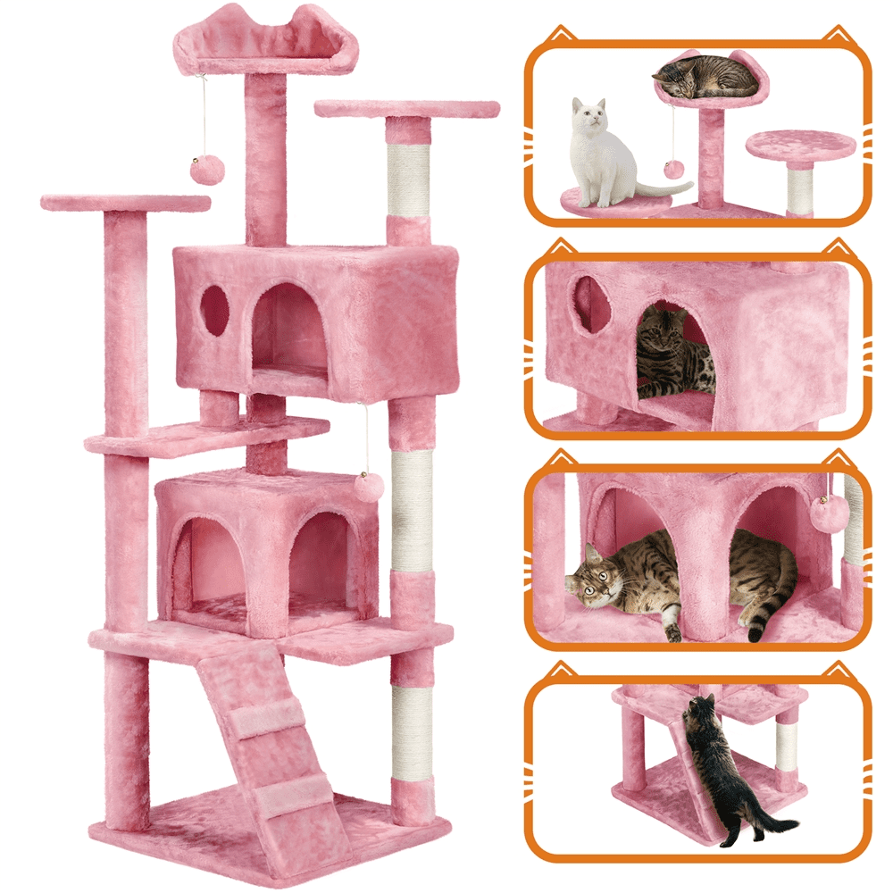 Alden Design 62''H Double Condo Cat Tree with Scratching Post Tower, Pink