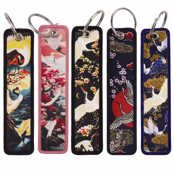 style1, variant on 4Pcs Japanese Cartoon Key Tag Embroidery Key Fobs Wave/Dragon/Crane Key Tag Motorcycle Keychain for Backpacks, Wallets, Car And Motorcycle Keys