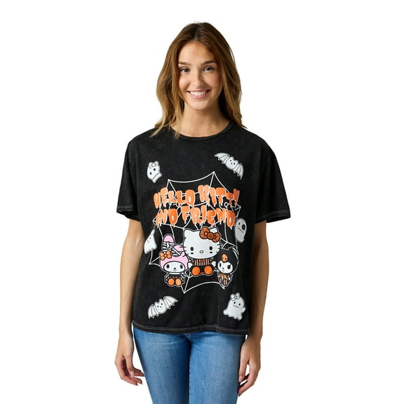 Hello Kitty Halloween Spiderweb Ghosts and Bats Women's Tee on Black Mineral Wash-Medium