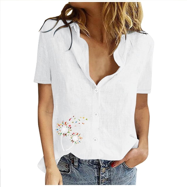 Dealovy Haut en Coton et Lin pour Femmes, Manches Courtes, Chemises Boutonnées, Col à Revers, Jolies Blouses à Imprimé Graphique