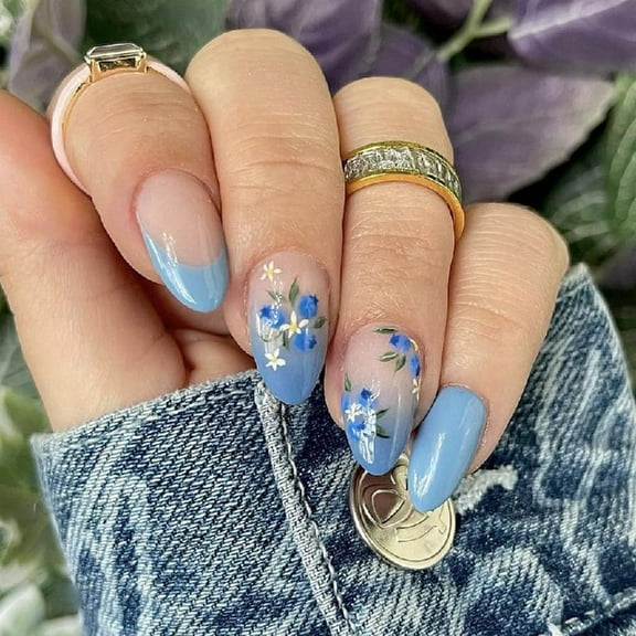 Short Almond Blue Flower Nail 24Pcs Easy Apply Press on Nail for Stylish Women