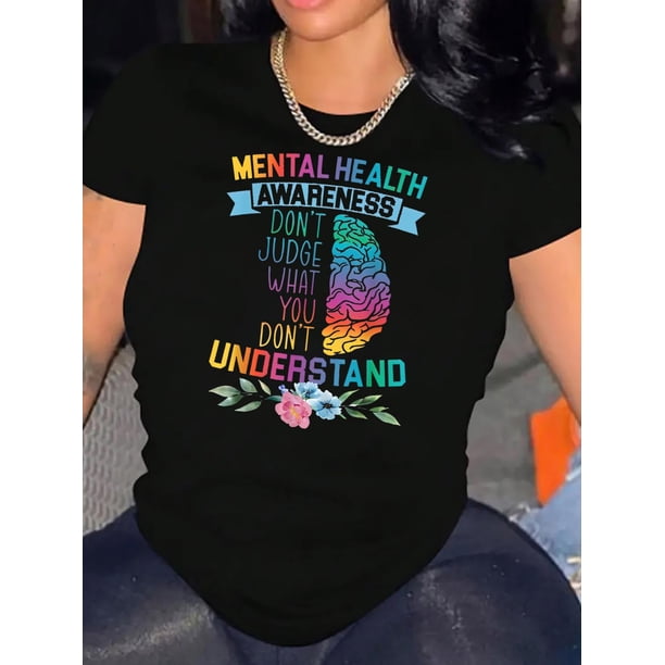 Women's Casual Graphic Tee - Colorful Floral Brain Design with Inspirational Quote, Comfortable Round Neck Short Sleeve T-Shirt for Casual Attire, Soft Polyester Blend, Machine Washable, Inspirationa