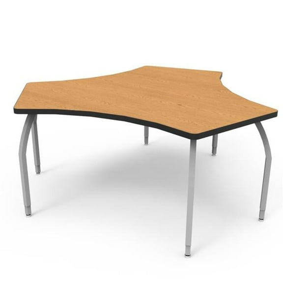Elo Tri Table with Bannister Oak Laminate & 6 Adjustable Smooth Silver Legs - 26-31 x 68.818 x 60 in.