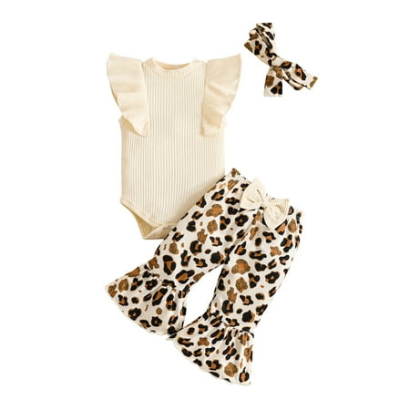 

Binpure Baby Girls Summer Jumpsuits Set Ribbed Flying Sleeves Romper and Casual Leopard Print Flared Pants Headband