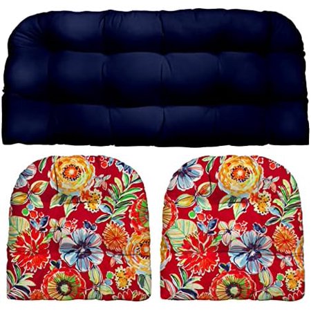 Indoor Outdoor 3 Piece Tufted Wicker Cushion Set, (Large, Navy Blue   Colsen Berry)