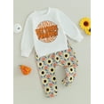 thumbnail image 3 of Wassery Toddler Baby Girls Clothes 2 Piece Halloween Outfit Letter Print Long Sleeve Sweatshirt and Pumpkin Sunflower Print Pants Set 0-3 Years, 3 of 8