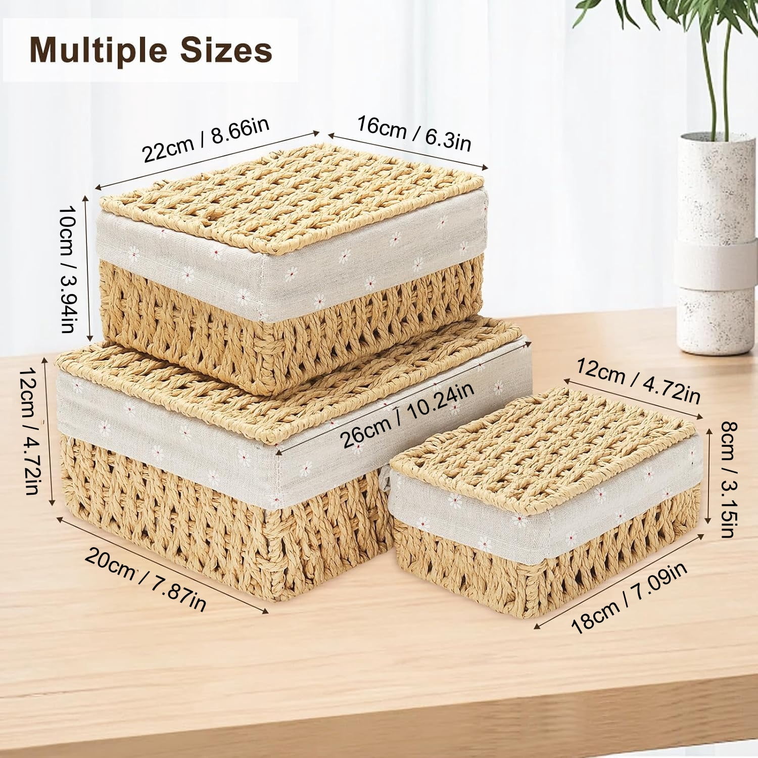 Small Storage Baskets with Lid, Kvago Set of 3 Size Storage Box, Paper Rope Storage Bin with Removable Liner and Metal Frame for Toys Cosmetics Bedroom Closet Desk Organizer (Beige)