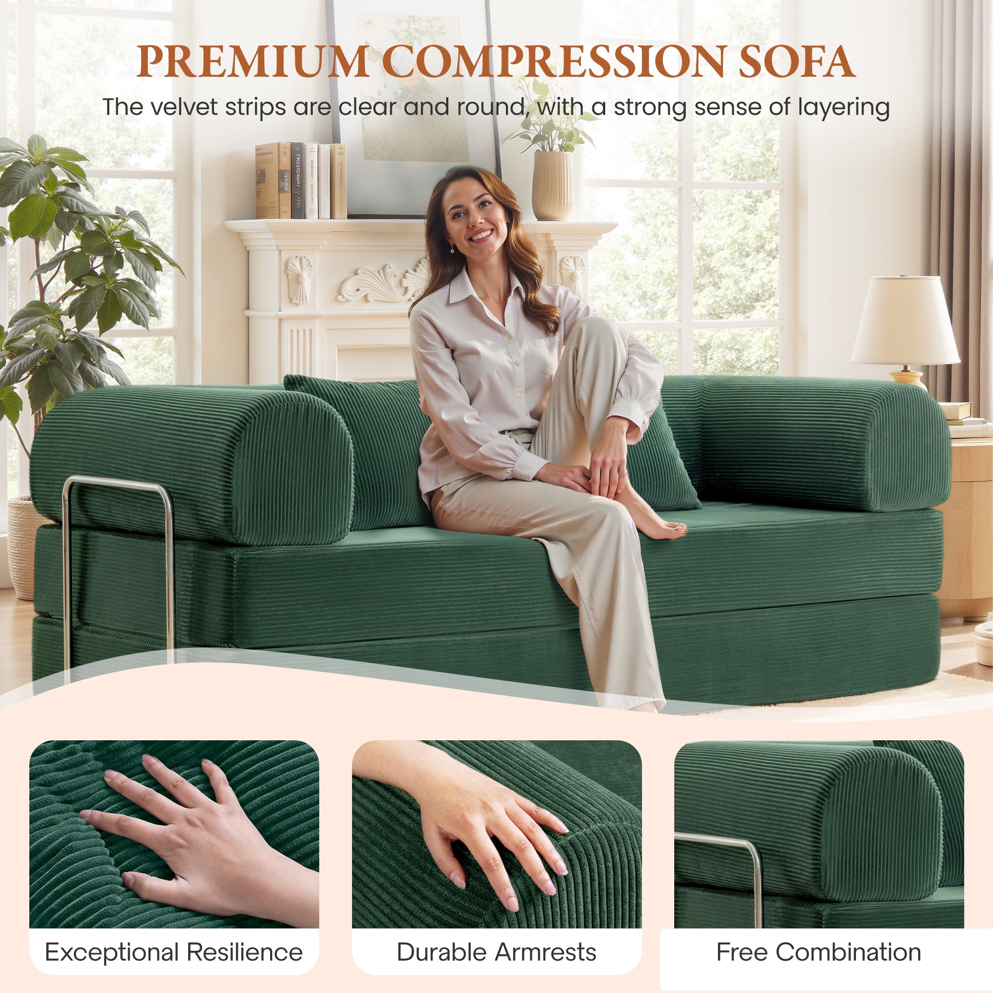 COOLHUT 78.7" W Combination Sofa, High Rebound Density Sponge Sofa Couch, Two Forms Floor Couch Three Seats Sofa Bed for Living Room, Bedroom, Green