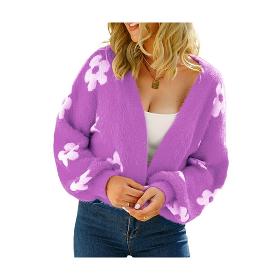 hirigin Women Crochet Cardigan, Flower Pattern Long Balloon Sleeves Open Front Sweater, S/M/L/XL