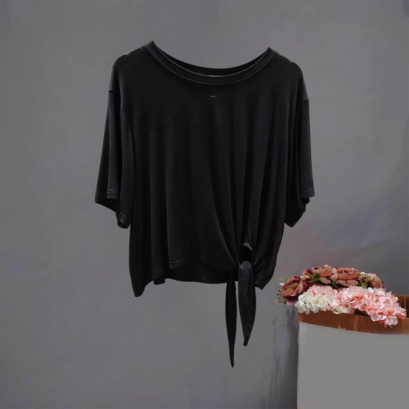 IUYRTFE Women's Short Sleeve Tie Front Top Loose Fit Casual Summer Blouse with Knot Hem