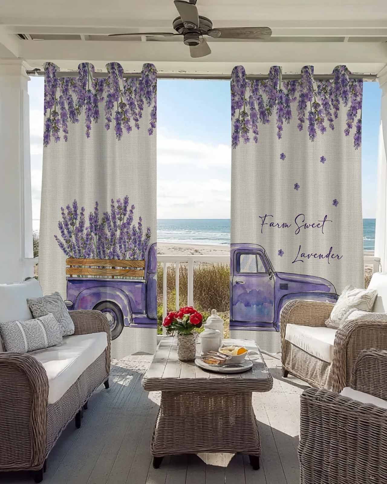 Purple Floral Blackout Curtains 63 Inch Length Farm Sweet Lavender Truck Rustic Linen Texture Thermal Insulated Window Curtain Window Drapes 2 Panels for Bedroom Living Room 52"Wx63"L