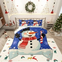 Manfei Happy Christmas Queen Comforter Set,Cartoon Snowman Bedding Sets,White Red Blue Bedding Comforter Set For Boys Kids,Microfiber Bedroom Decor Reversible,3-Piece