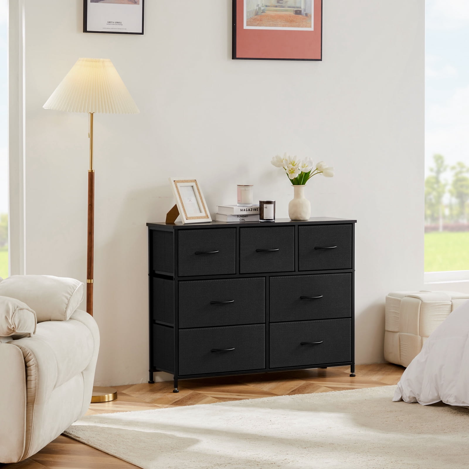 MCQ 7 Drawer Fabric Dresser, Chest of Drawer Organizer Storage Cabinet for Closet, Entryway, Bedroom, Living Room, Black