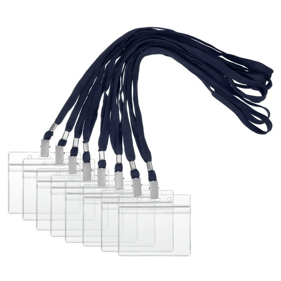 Uxcell 30 Set Name Tag Holders with Lanyard, Plastic Waterproof Horizontal Badge Holder with Alligator Clip Lanyards for ID Badges Office Teacher Events Meetings, Navy(4x2 Inch)
