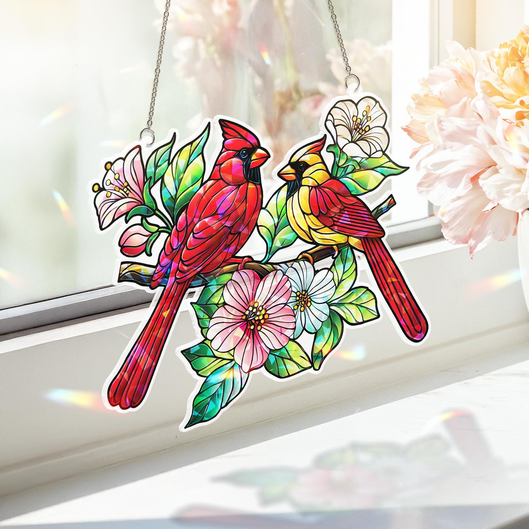 Lotusprinthandmade Cardinal Bird Custom Shape Broken Glass Hologram Ornament 3.5in, vibrant cardinal holographic ornament, cardinal hologram piece