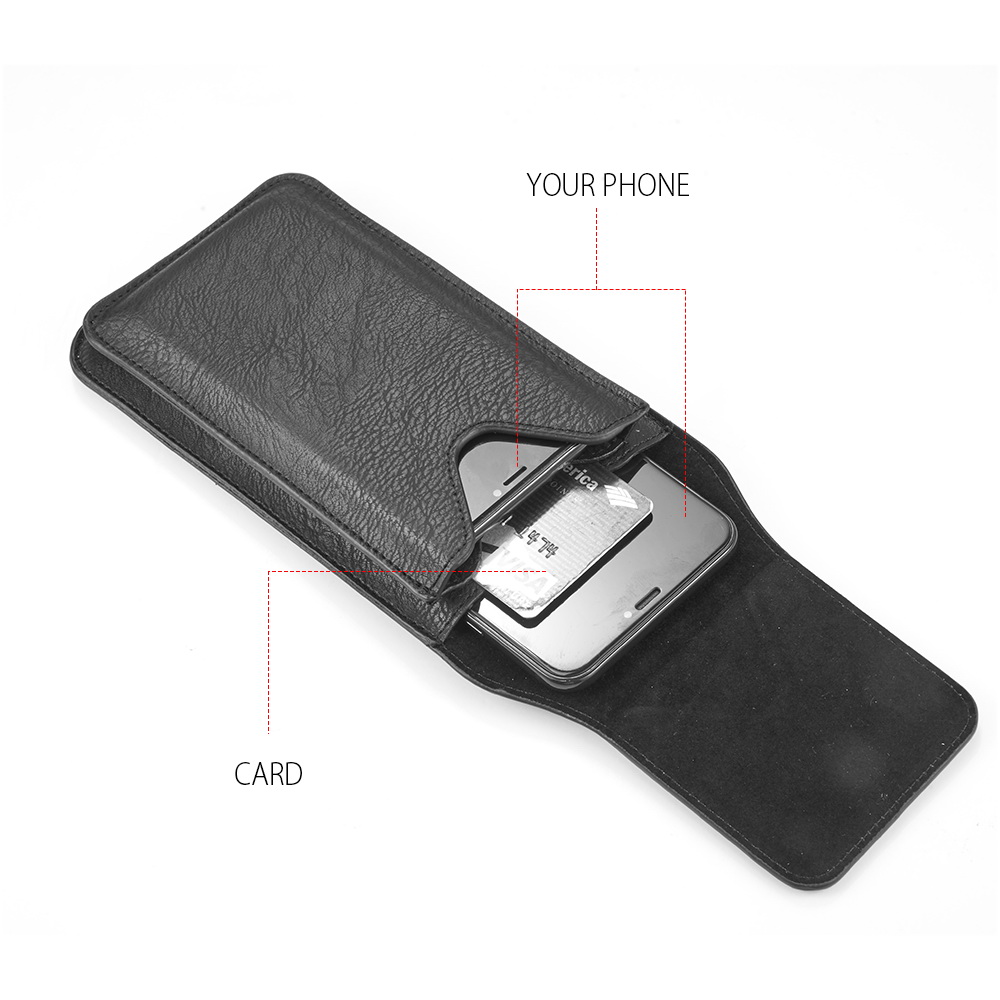 6.5-inch Vertical Black PU Leather Universal Cell Phone Holster Pouch with Belt Loop, Carabiner Clip, and Card Slots