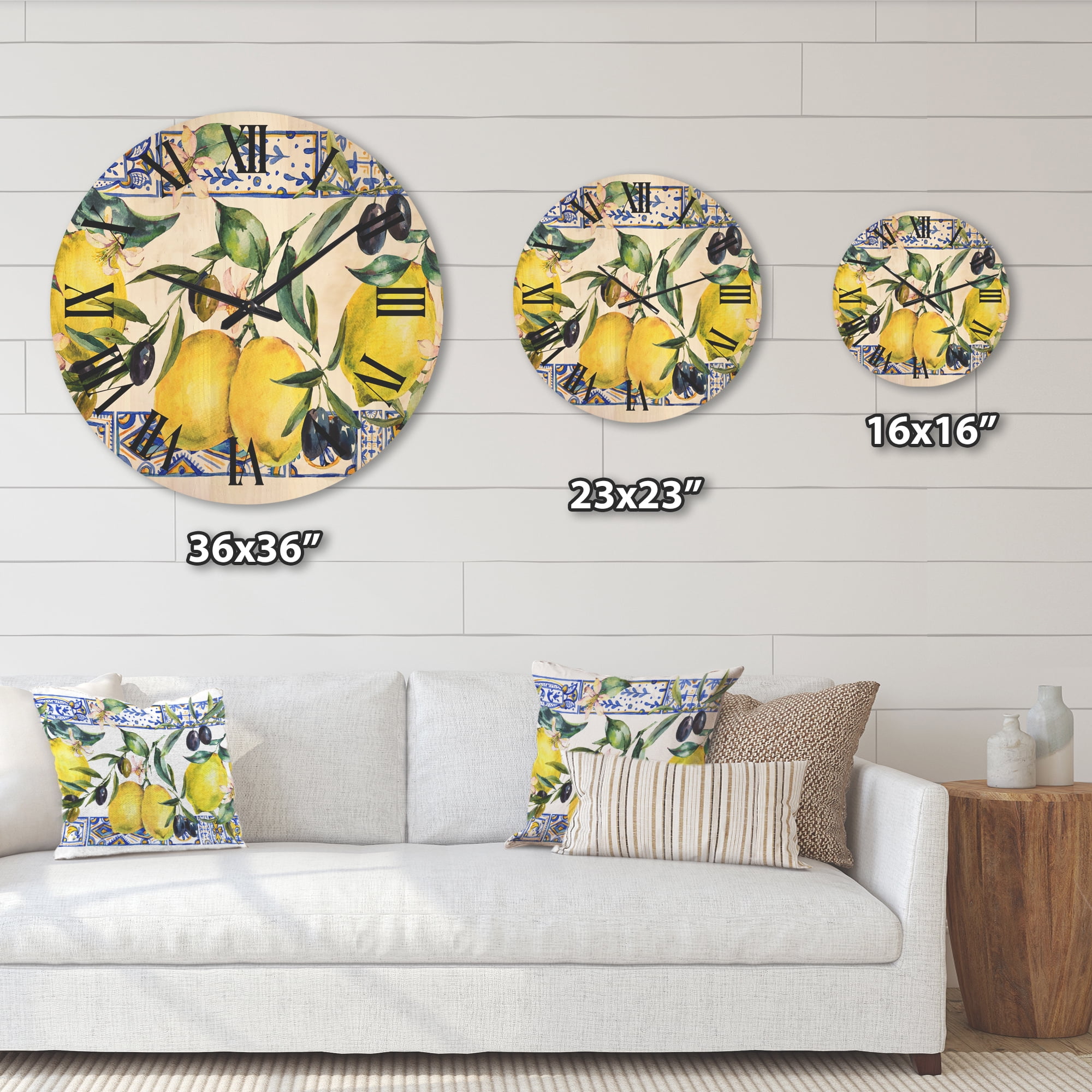 Designart 'Geometrical Pattern of Lemon Ornament On Blue II' Tropical Wood Wall Clock