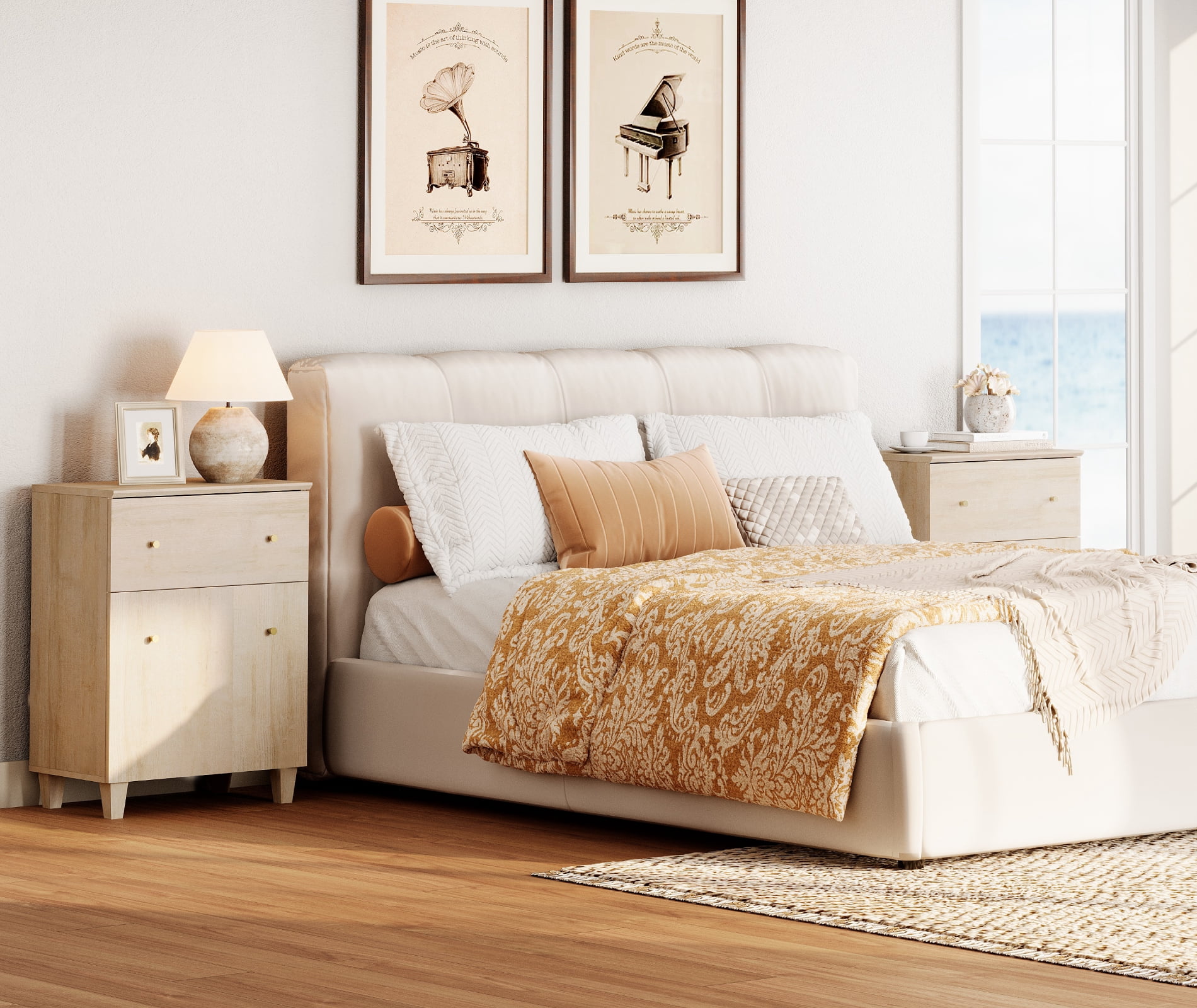 WAMPAT Nightstands Set of 2, Modern Large Bedside Tables with Adjustable Storage Shelf, Wooden Accent Cabinets with Drawer and Door for Bedroom, Natural Oak