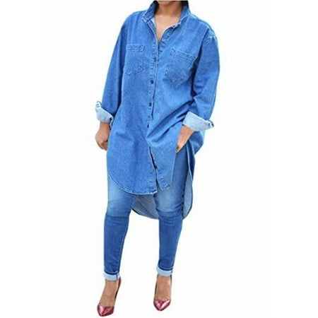 - Long Sleeve Buttons Lapel Long Denim Blouse
