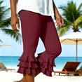 thumbnail image 2 of Yifymode Capri Pants for Women Trendy Tiered Ruffle Hem Flare Leggings Bell Bottom Skinny Cropped Bloomer Trousers,Wine L, 2 of 7