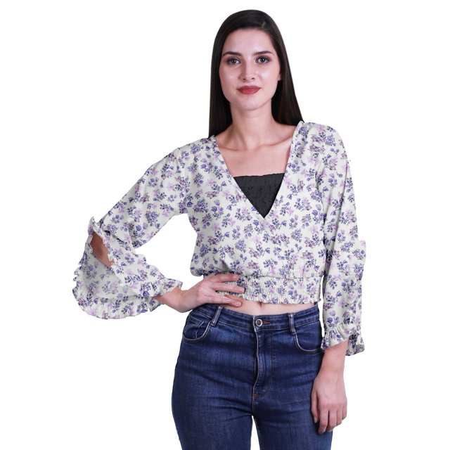 Moomaya Haut Court Imprimé pour Femmes Style Enveloppant Manches Longues à Volants Blouse d'Été Décontractée