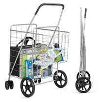 IRONMAX Shopping Cart with Wheels - Foldable Utility Cart with 360° Swivel Wheels & Extra Basket - Heavy Duty Metal Grocery Cart for Laundry, Garage, and Groceries