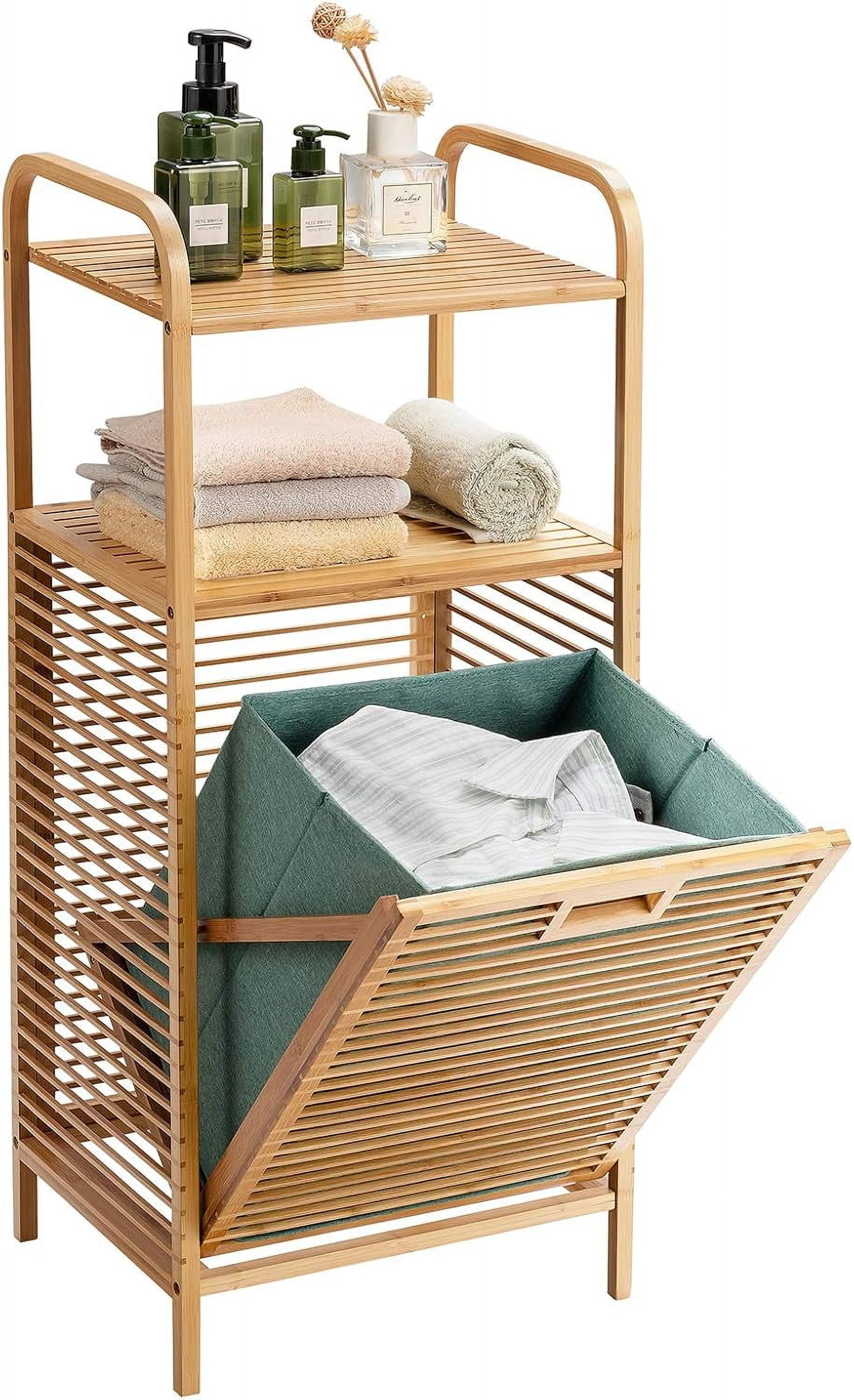 Favory Laundry Hamper Tilt-Out Laundry Linen Hamper Bamboo Freestanding Clothes Basket W/Shelf & Removable Liner, Storage Laundry Shelf for Bathroom Living Room Bedroom, Natural