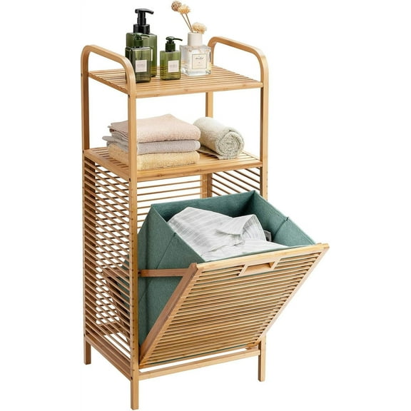 XgoodX Laundry Hamper Tilt-Out Laundry Linen Hamper Bamboo Freestanding Clothes Basket W/Shelf & Removable Liner, Storage Laundry Shelf for Bathroom Living Room Bedroom-16"x13"x37.5"
