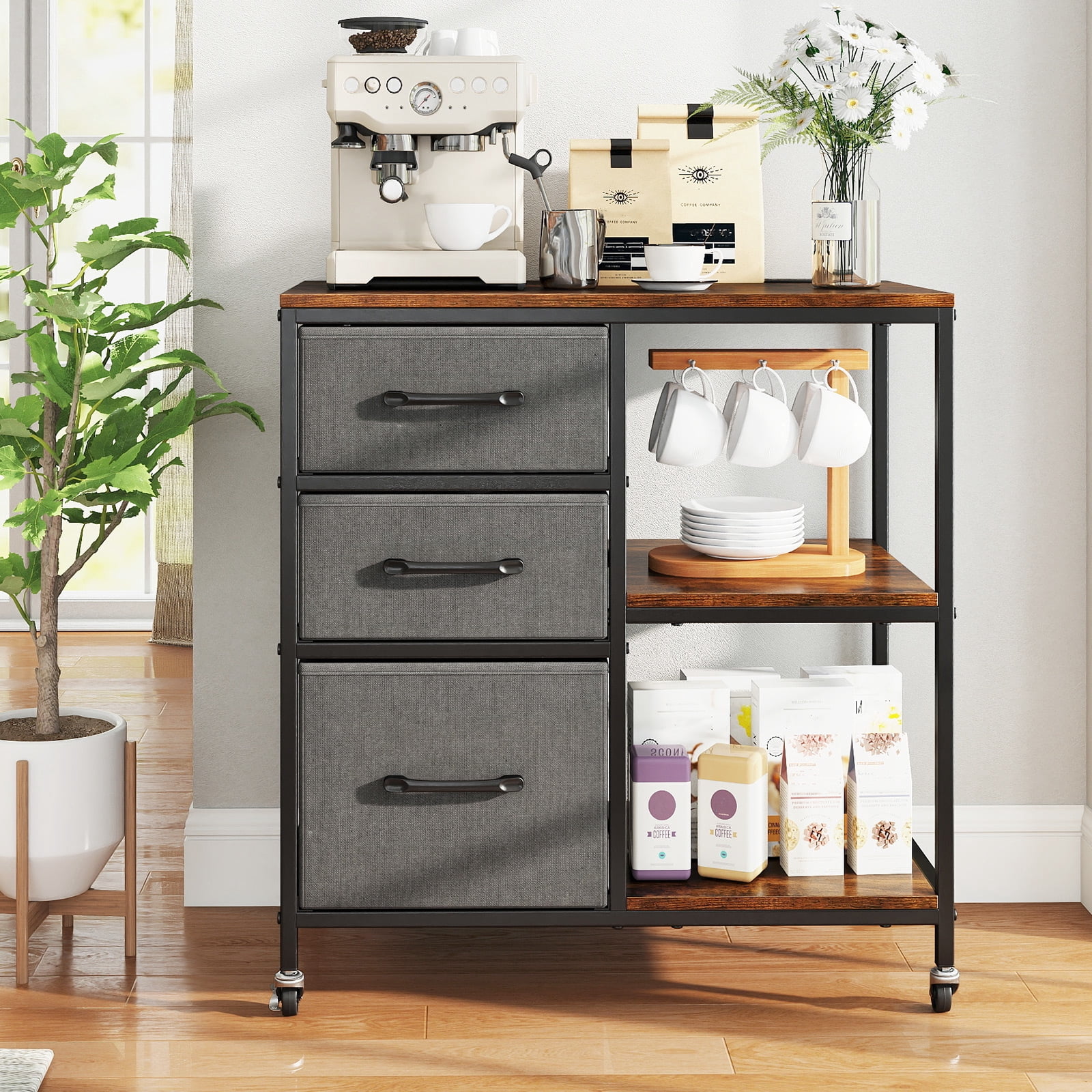 Gymax 3 Drawer Mobile File Cabinet w/ Charging Station Storage Cabinet on Wheels