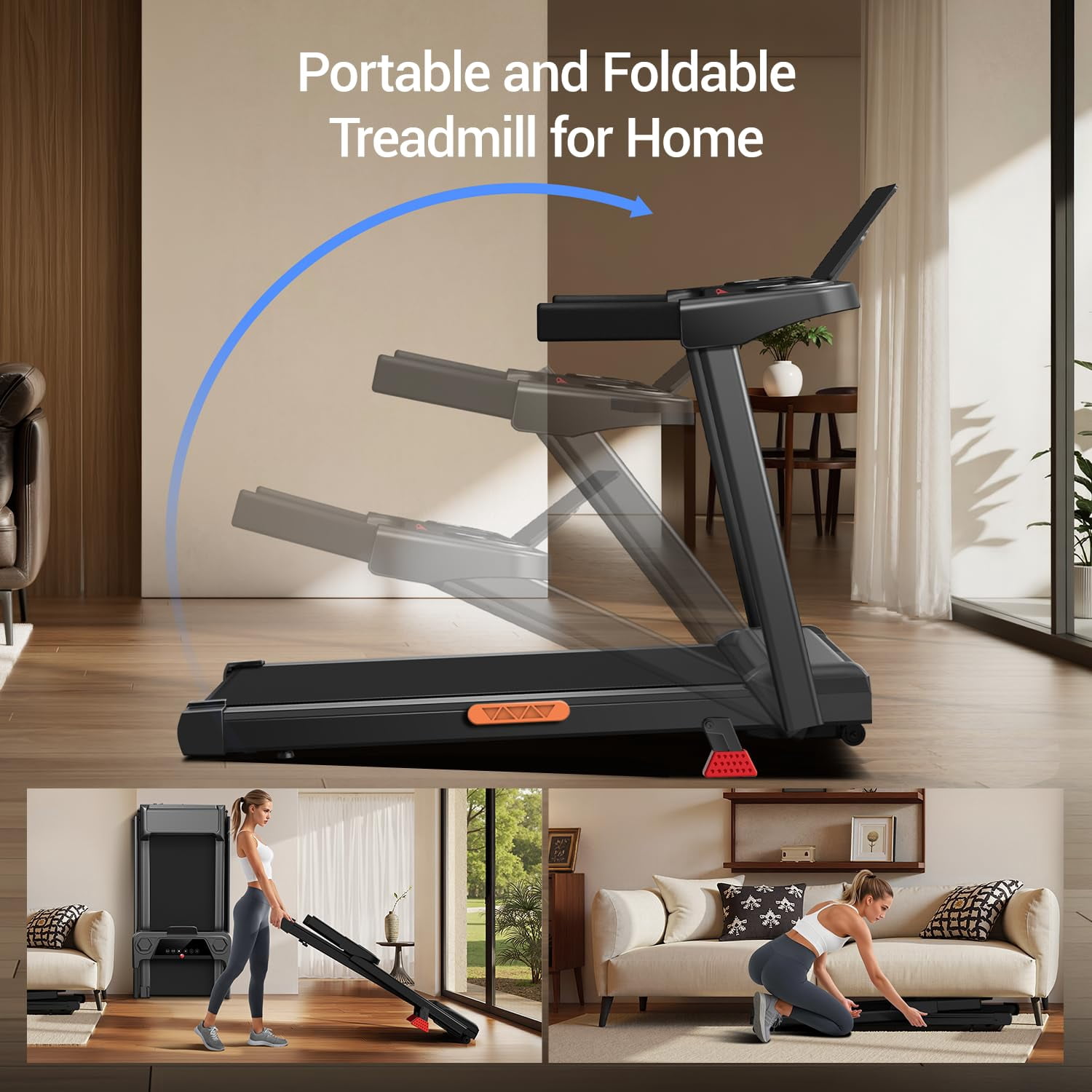 15% Incline Treadmill with Handle, 3-in-1 Portable Treadmills for Home and Office, Foldable Treadmills with 220 Lbs Weight Capacity