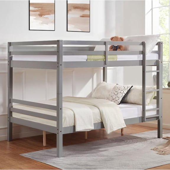TopComfy Full Over Full Bunk Bed with Thick Posts, Wooden Frame, High Guardrail, Ladder, No Box Spring Needed, Space-Saving, Gray