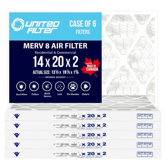 14x20x2 Pleated MERV 8 Furnace Filter (Actual Size: 13-1/2 x 19-1/2 x 1-3/4) Clean, Healthy Air - Efficient, Home Climate Control HVAC Filters - Perfect Replacement Home Air Filters - Case of 6