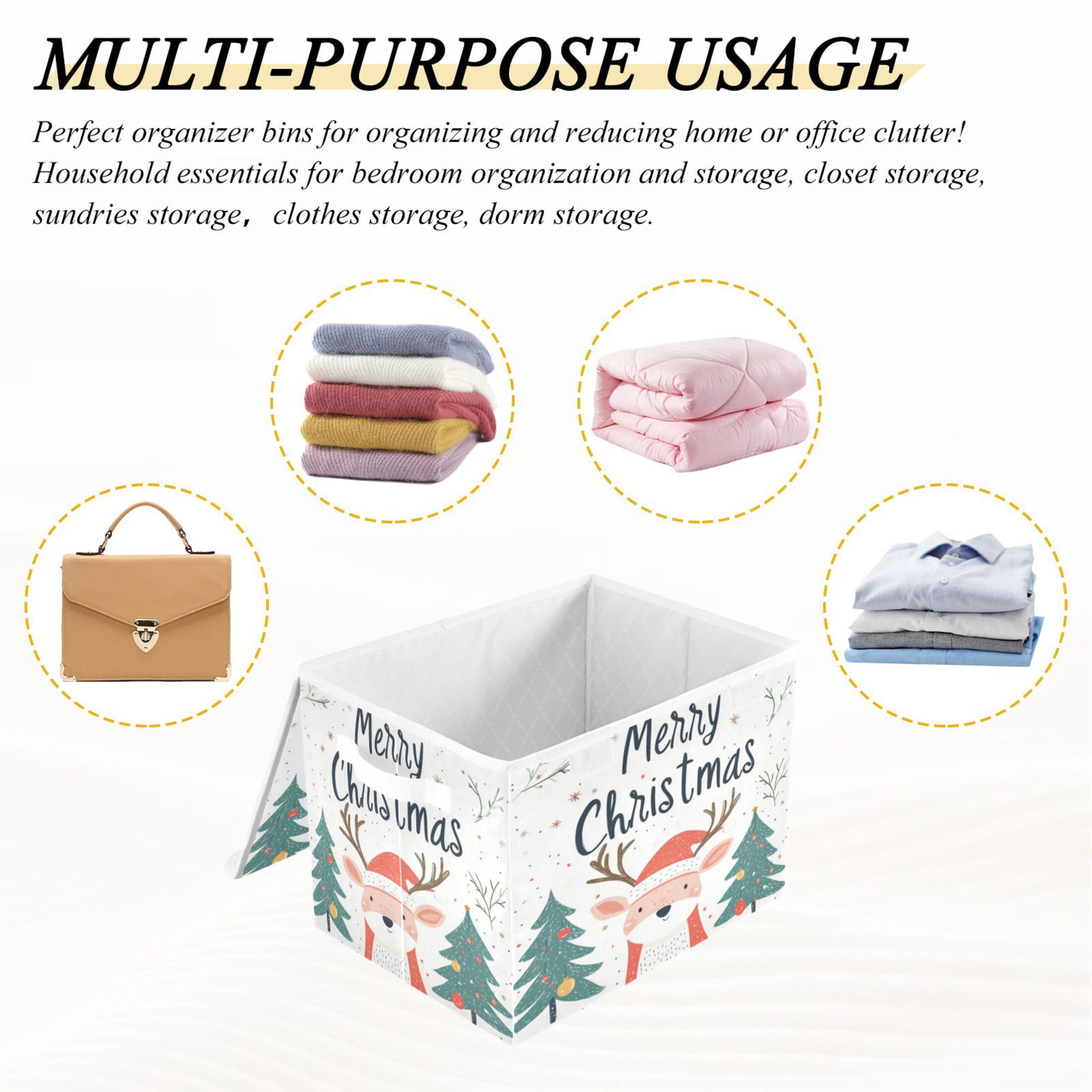 Storage Box With Lid 16.5x12.6x11.8In Foldable Stacked Household Storage Box Christmas Deer Pictures