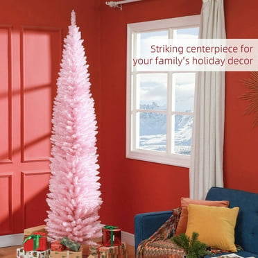 Spaco 8 Feet Artificial Pencil Christmas Tree with Plastic Stand, Slim Xmas Tree with 618 Realistic Branch Tips, Christmas Tree for Holiday Decor, Pink