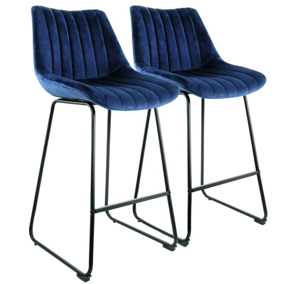 Elama 2 Piece Velvet Tufted Bar Chair in Bluewith Metal Legs