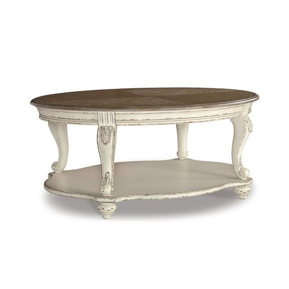 Signature Design by Ashley Realyn White and Brown Farmhouse Style Coffee Table with Storage Shelf