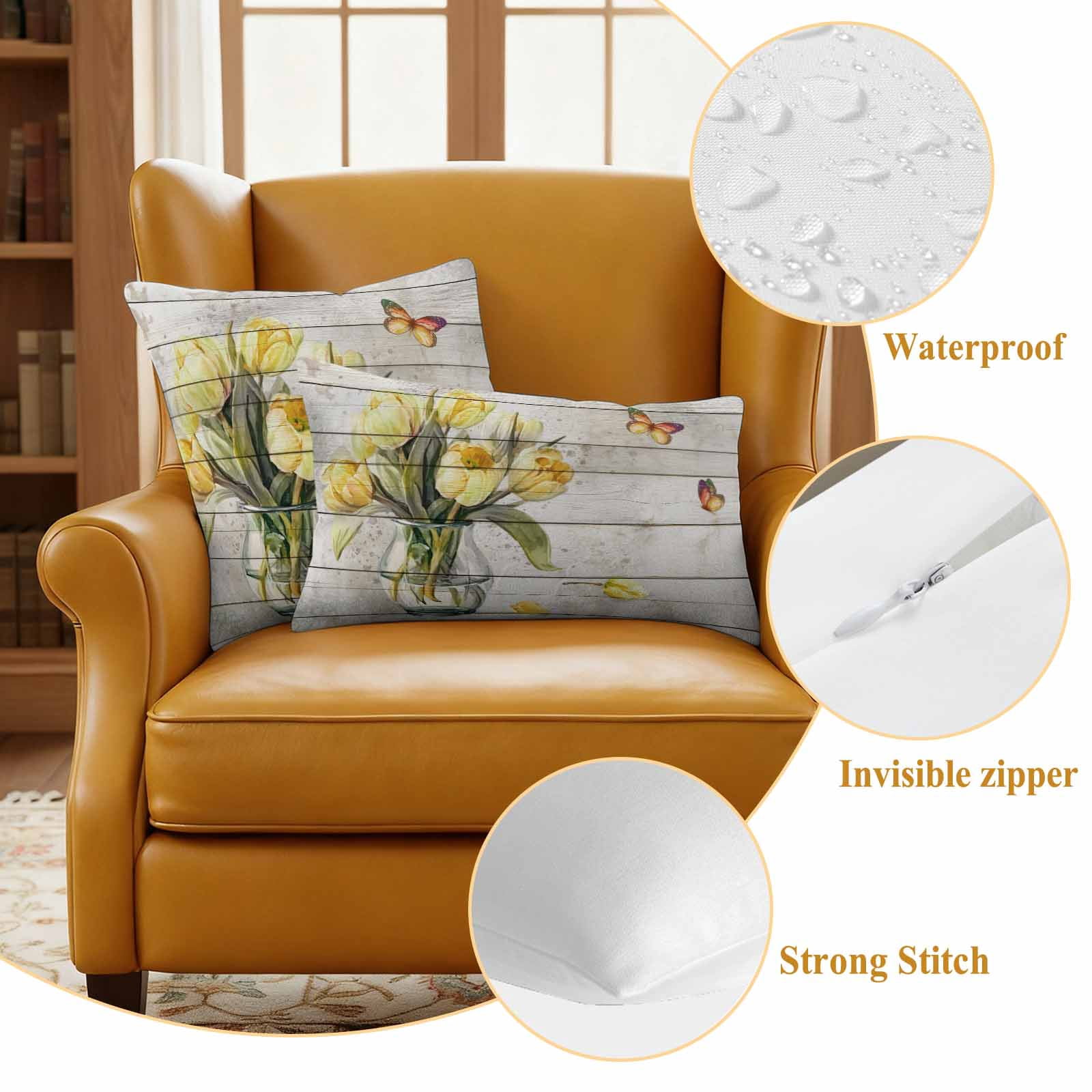 Yellow Tulip Outdoor Waterproof Pillow Covers, Vintage Spring Floral Retro Art Butterfly Wooden Decorative Square Throw Pillowcase Sofa Cushion Sham for Patio/Couch/Chair, 16"x16" 2 Pack