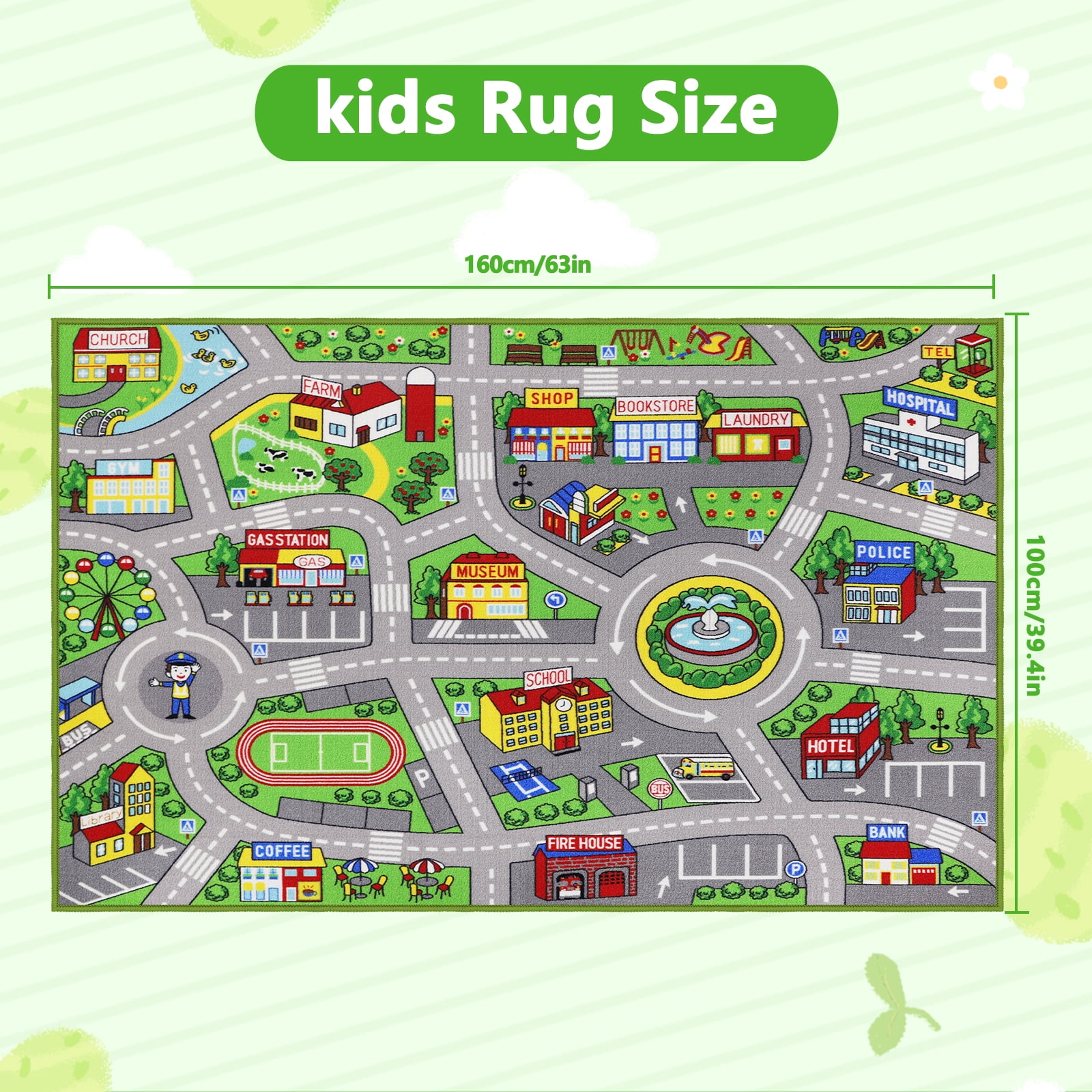 ORGOWEL Kids Carpet Playmat Area Rug Car Mat Play Rug for Playroom Educa tional Car Mat Machine Washable Non-Slip Kids Rug for Bedroom, Living Room,39.4"x63",Green