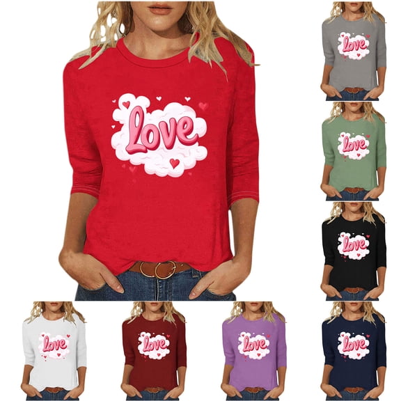 Mifsaly Valentines Day Shirts Women Bright Letter Print 3/4 Sleeve Tshirt Crewneck Loose Tunic Blouse Girlfriend Gifts Tops Pullover Work Going Out Funny Festival Daily Fashion Outfits S