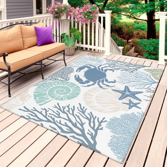 Coastal Crab Outdoor Rug 4x6 Ft, Non Slip Washable Area Rug, Nautical Beach Marine Life Coral Conch Patio Rugs Carpet Runner, Large Floor Mat for Indoor/Outdoor Deck Porch Camping