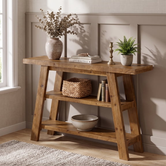 Fnova 47.24" 3-Tier Solid Wood A-Frame Console Table, Farmhouse Open Storage Sofa Table for Entryway Hallway Living Room Foyer Decor