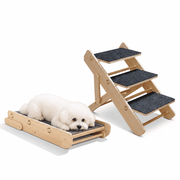 Kawiwi Foldable Pet Stairs for Small Dogs and Cats, 4-in-1 Adjustable Wooden Pet Steps with Cat Scratcher Ramp, Non-Slip Felt