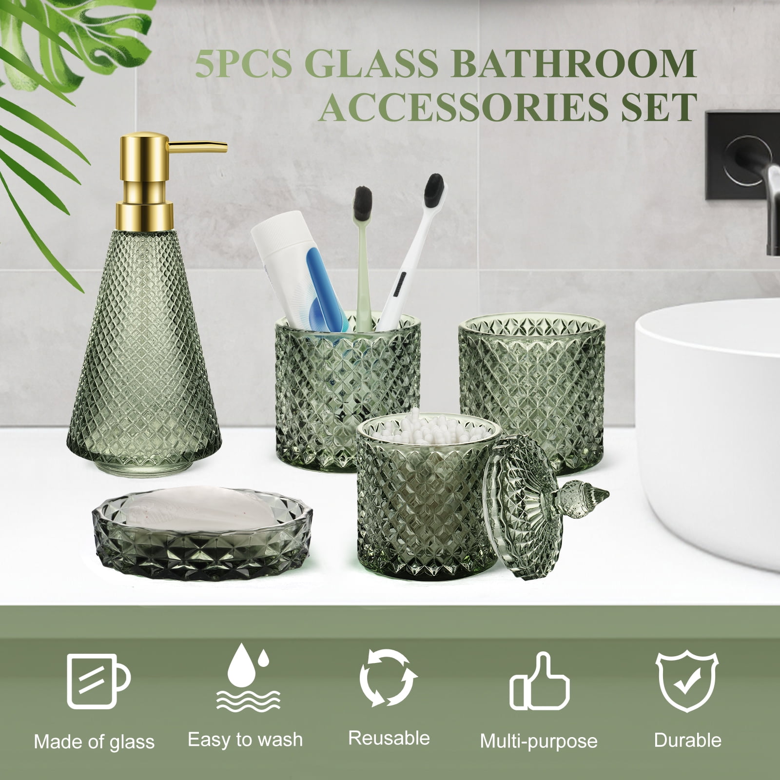 FOUNDLDF 5Pcs Clear Glass Bathroom Accessories, Bathroom Accessories Set with Lotion Soap Dispenser, Soap Dish, Tumbler, Cotton Swab Jars, Green