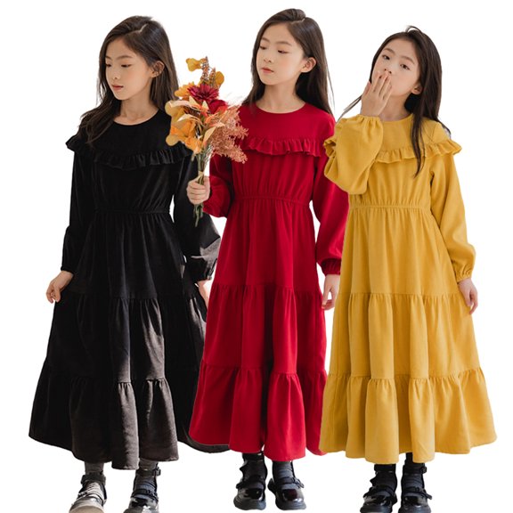 KYAIGUO Kids Toddler Girls Spring Corduroy Dress Baby Fall Ruffle Long Sleeve Dresses Onesies Ankle-Length Skirt for 5-14T