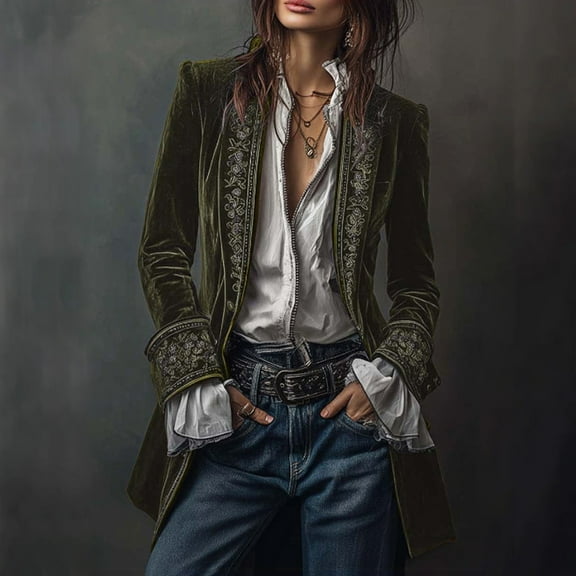 Women's Long Velvet Jacket, Retro Printed Edge Design, Patchwork Sleeve Casual Coat, Elegant Tailored Fit, Boho Chic Duster, Evening Wear Cover Up Blackish Green L