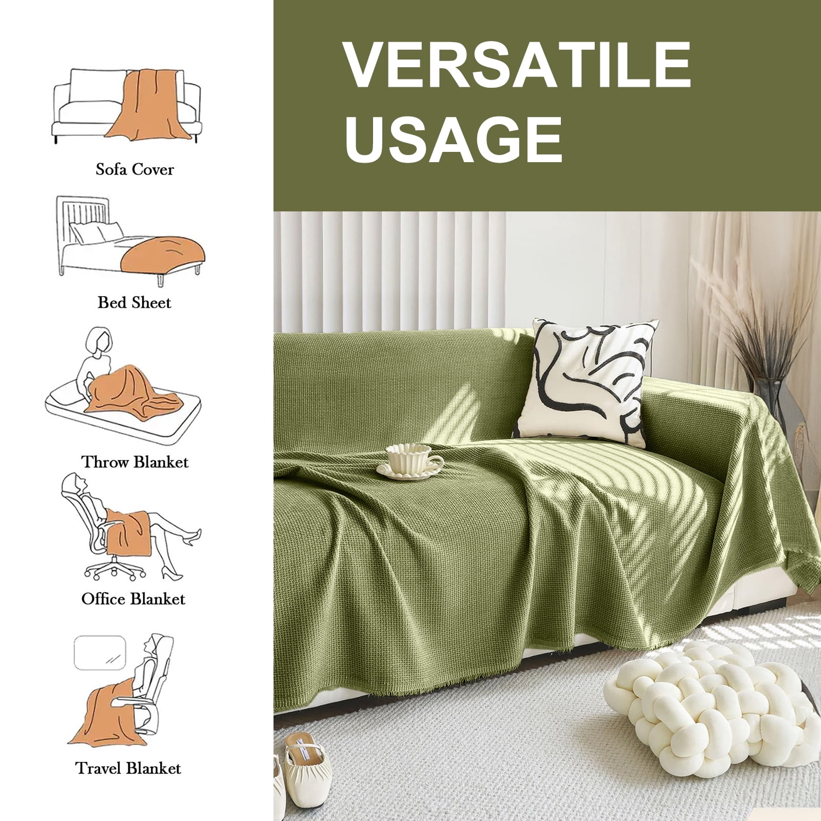 SANMADROLA Sofa Cover Green Chenille Couch Covers, Corduroy Jacquard Non Slip Couch Sofa Cover, Love Seat Couch Covers for 2 Cushion Couch, Furniture Protector for Dogs, Pets, 71"x118"